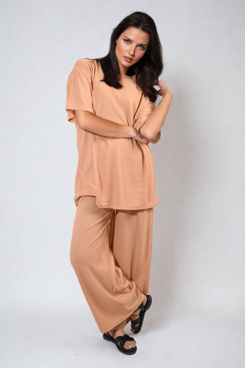 Ribbed Oversized Top and Drawstring Wide Leg Trouser Co-ord Set Moda