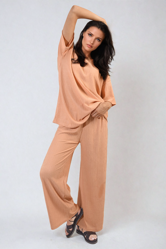 Ribbed Oversized Top and Drawstring Wide Leg Trouser Co-ord Set Moda