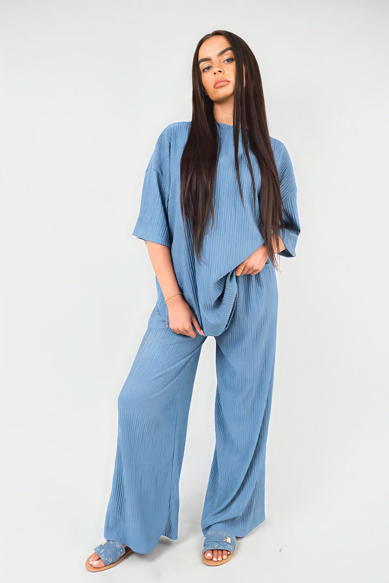 Ribbed Oversized Top and Drawstring Wide Leg Trouser Co-ord Set Moda
