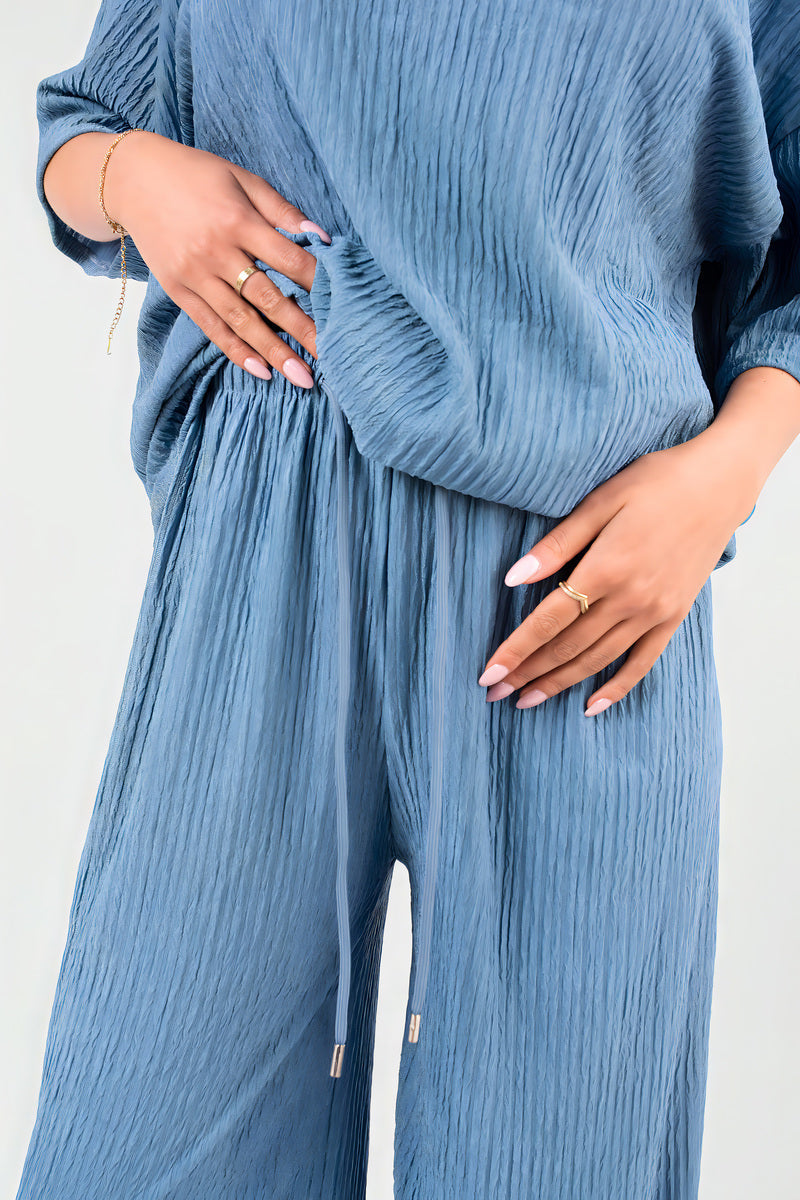 Ribbed Oversized Top and Drawstring Wide Leg Trouser Co-ord Set Moda
