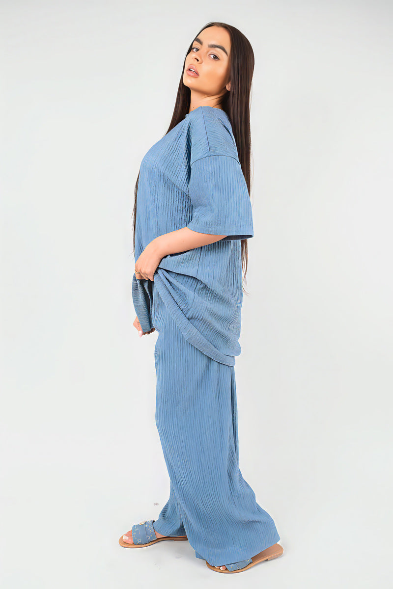 Ribbed Oversized Top and Drawstring Wide Leg Trouser Co-ord Set Moda