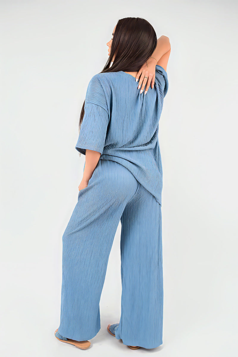Ribbed Oversized Top and Drawstring Wide Leg Trouser Co-ord Set Moda
