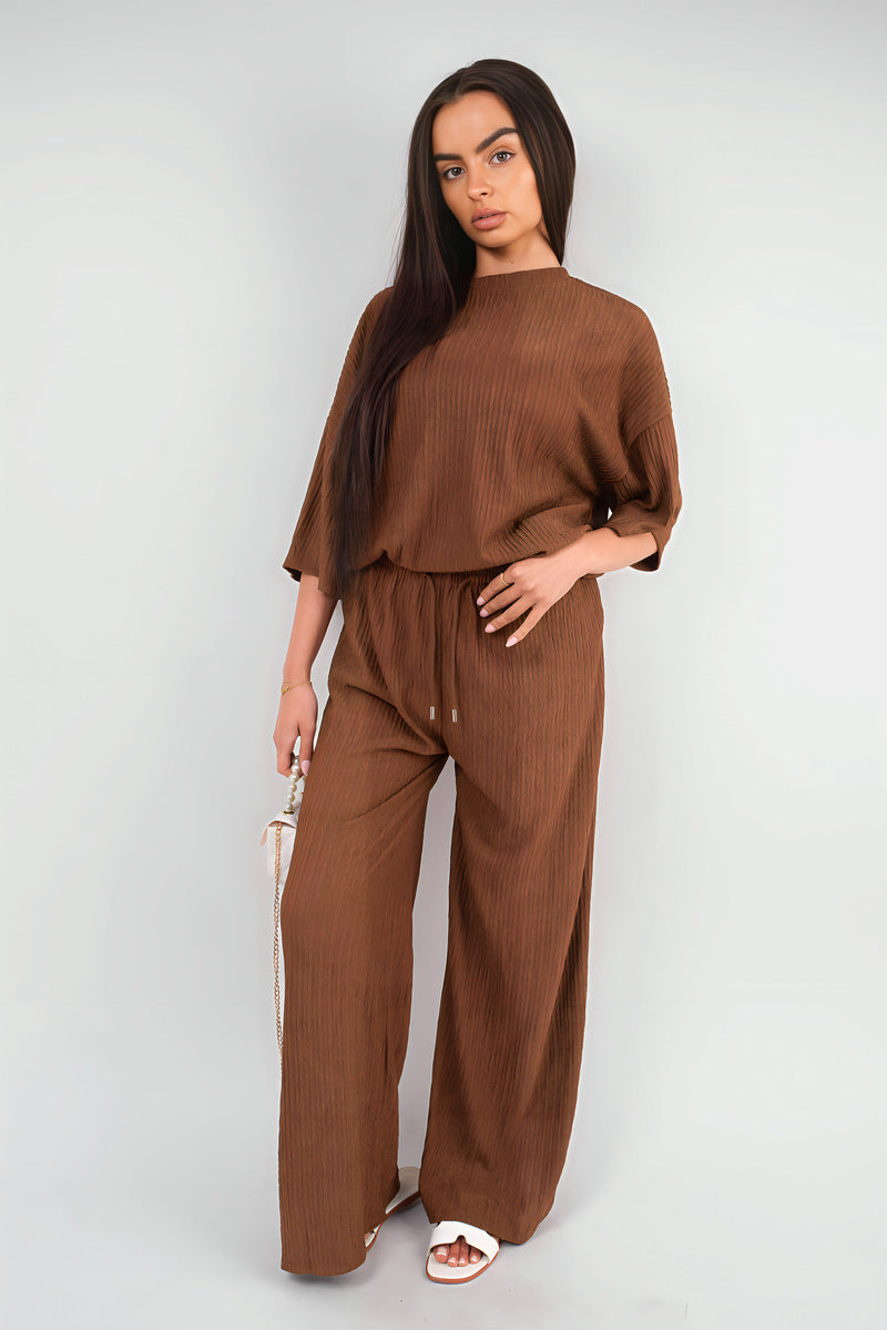 Ribbed Oversized Top and Drawstring Wide Leg Trouser Co-ord Set Moda