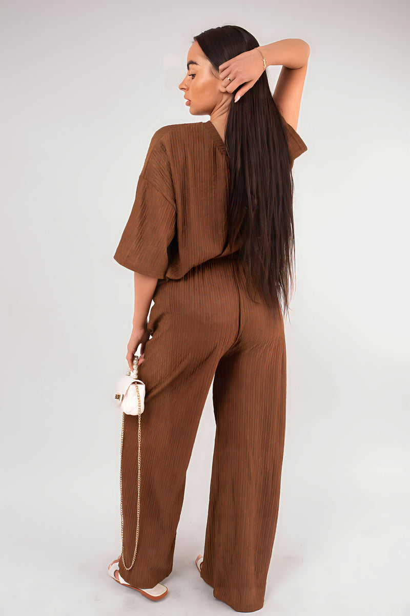 Ribbed Oversized Top and Drawstring Wide Leg Trouser Co-ord Set Moda