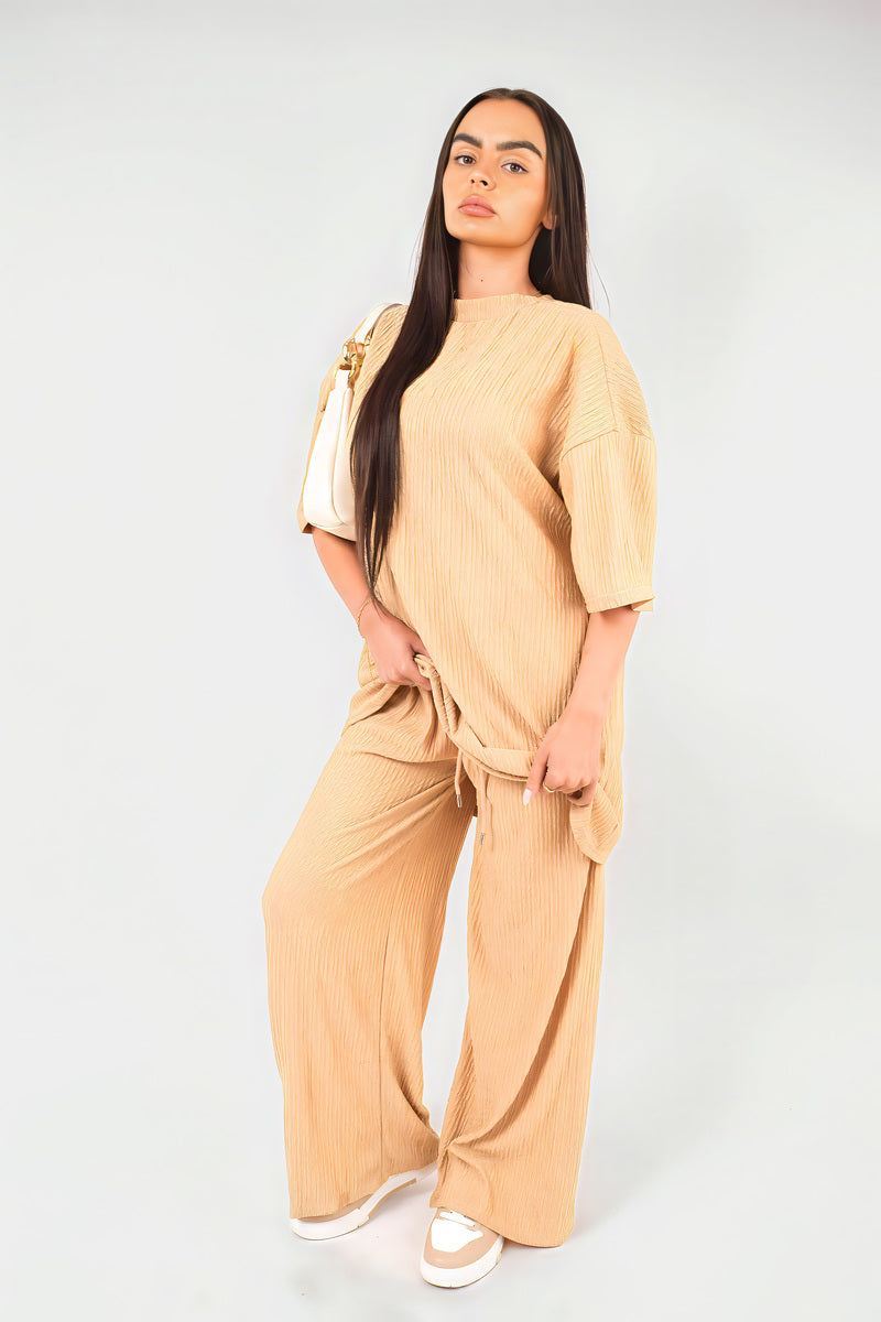 Ribbed Oversized Top and Drawstring Wide Leg Trouser Co-ord Set Moda