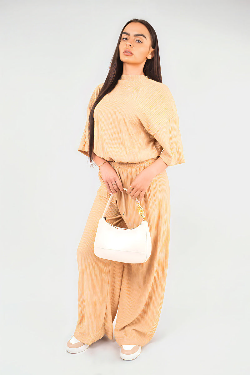 Ribbed Oversized Top and Drawstring Wide Leg Trouser Co-ord Set Moda