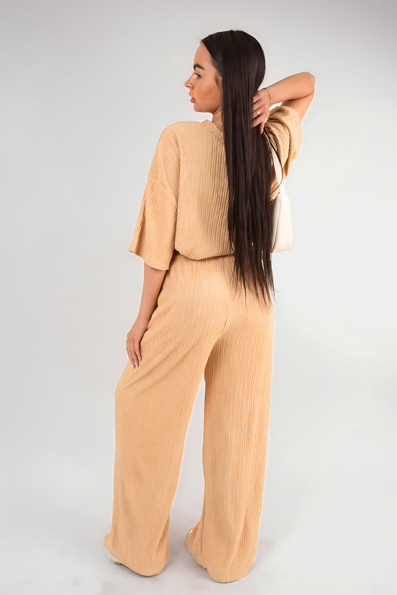 Ribbed Oversized Top and Drawstring Wide Leg Trouser Co-ord Set Moda