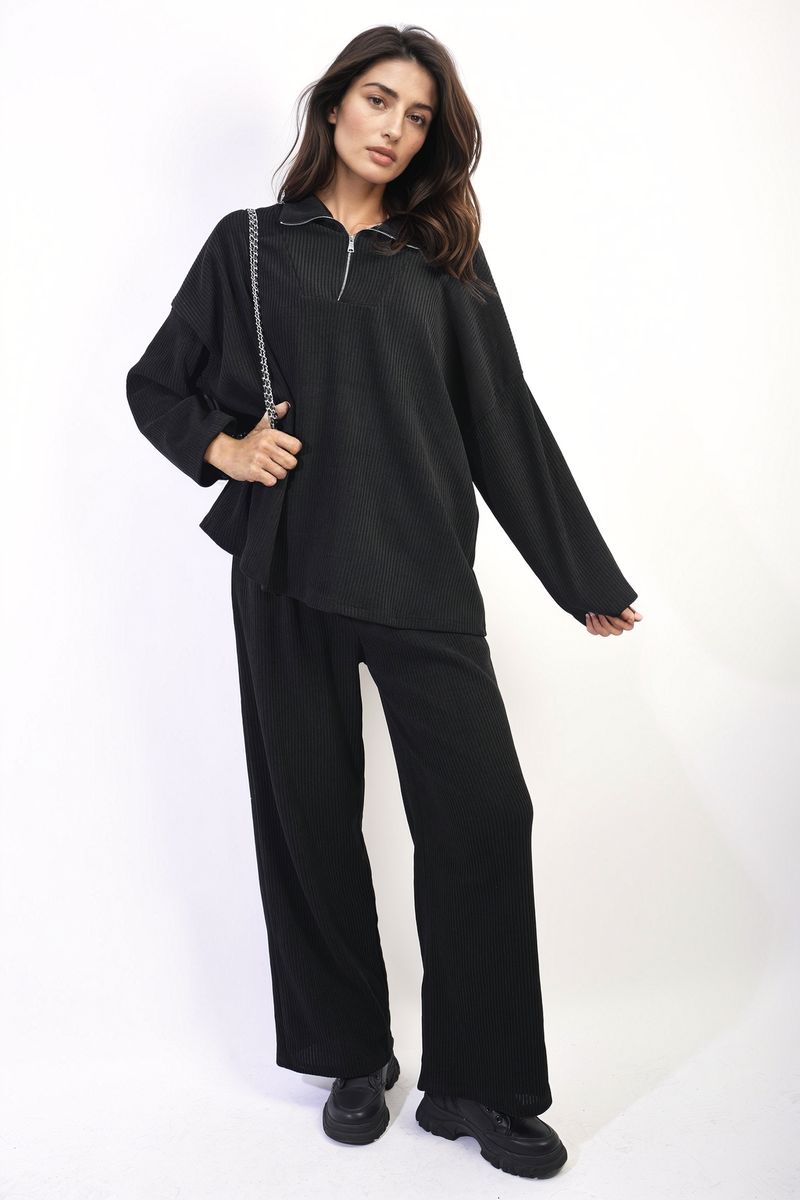 Half Zipper Long Sleeve Top and Trouser Co-ord Set Moda