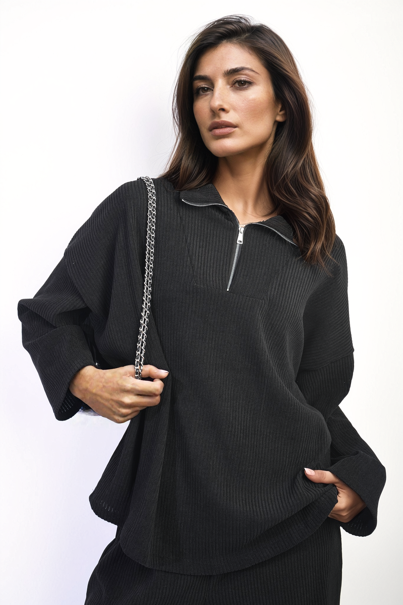 Half Zipper Long Sleeve Top and Trouser Co-ord Set Moda