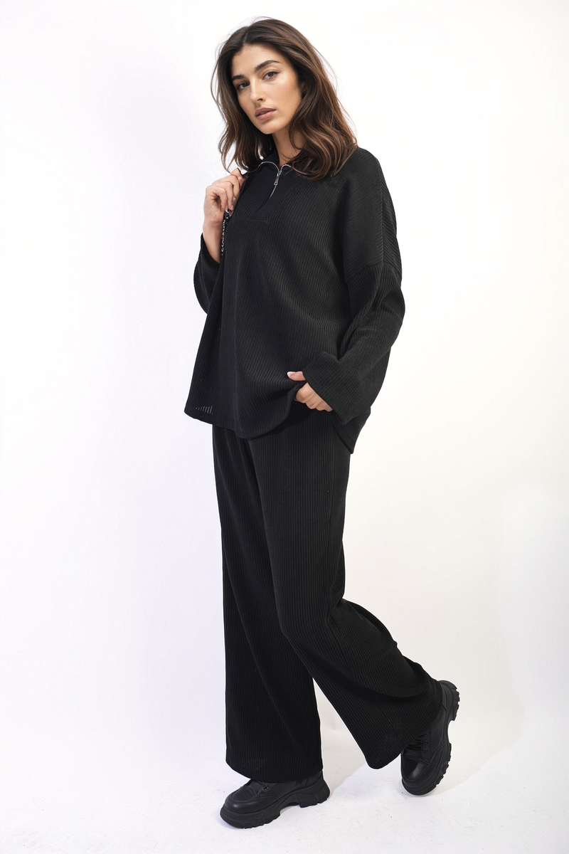 Half Zipper Long Sleeve Top and Trouser Co-ord Set Moda