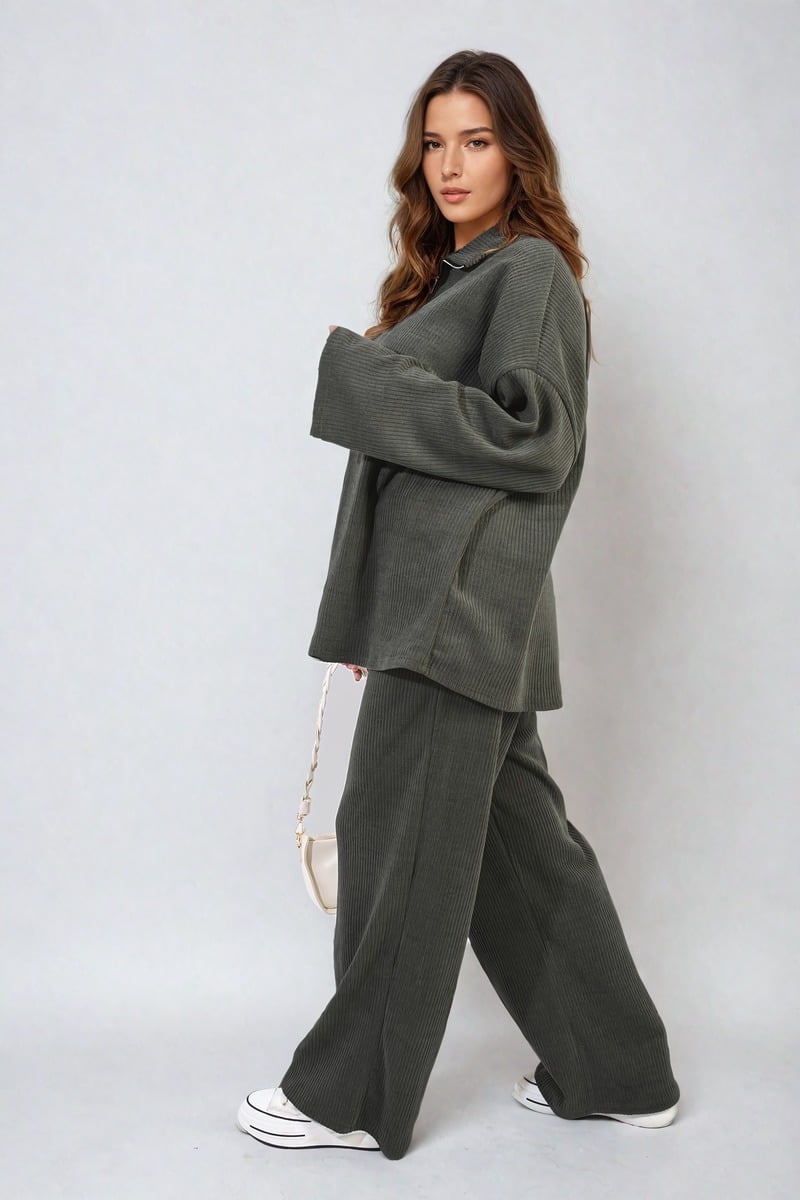 Half Zipper Long Sleeve Top and Trouser Co-ord Set Moda