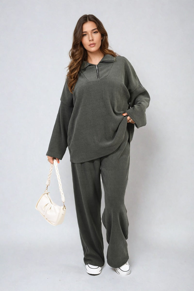 Half Zipper Long Sleeve Top and Trouser Co-ord Set Moda