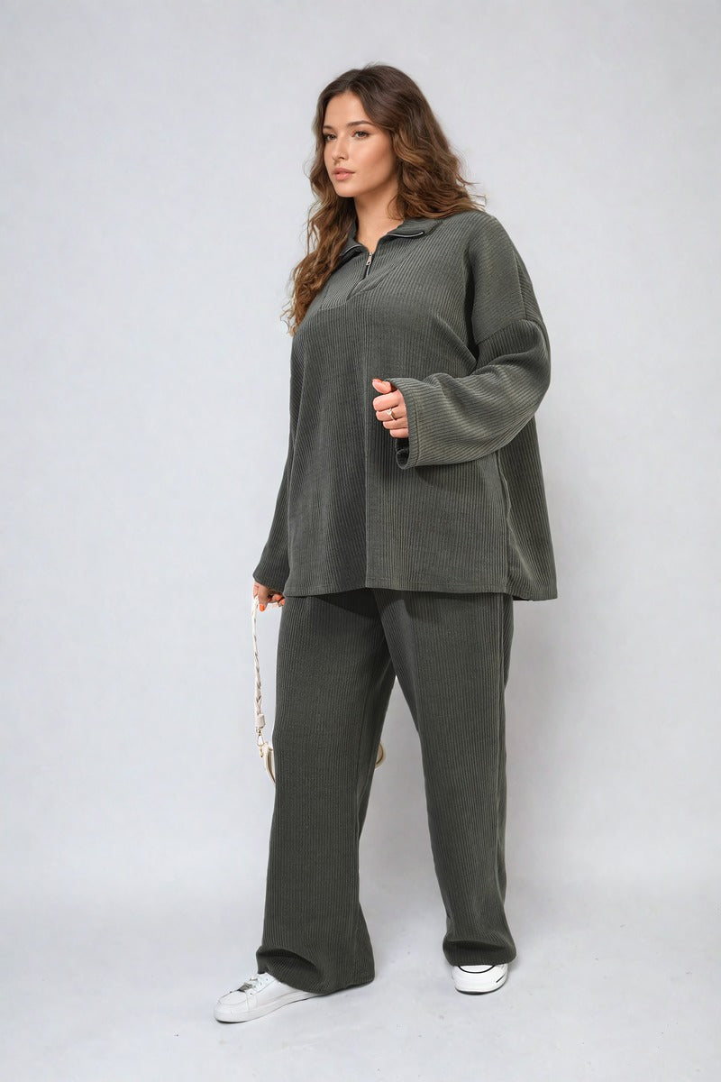 Half Zipper Long Sleeve Top and Trouser Co-ord Set Moda