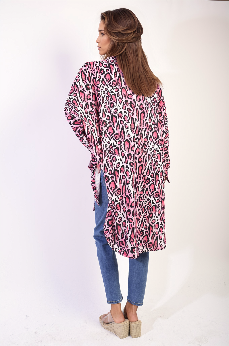 Oversized Long Sleeve Leopard Print Shirt Dress Moda
