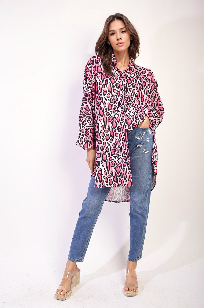 Oversized Long Sleeve Leopard Print Shirt Dress Moda