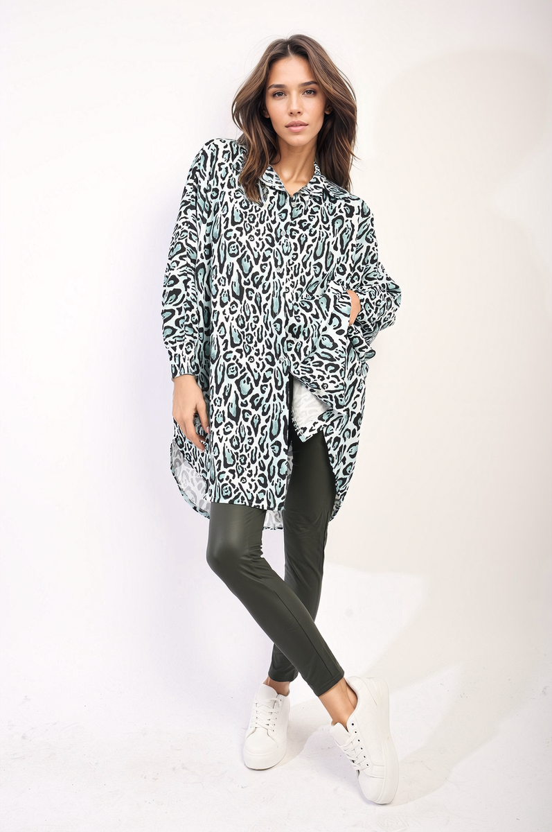 Oversized Long Sleeve Leopard Print Shirt Dress Moda