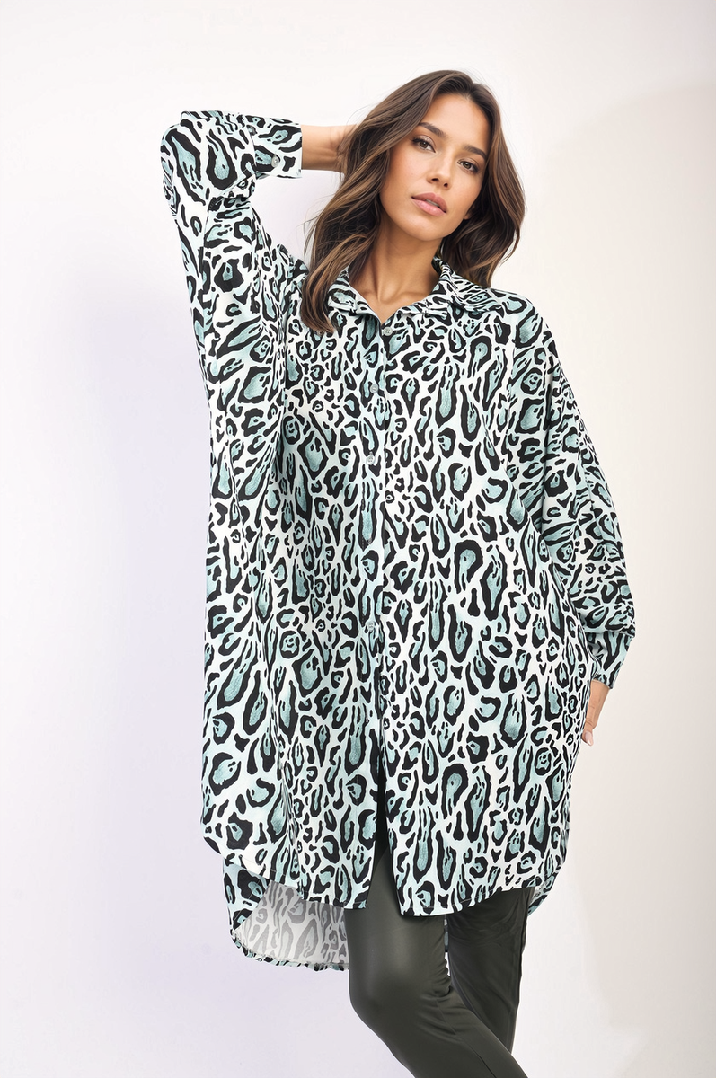 Oversized Long Sleeve Leopard Print Shirt Dress Moda