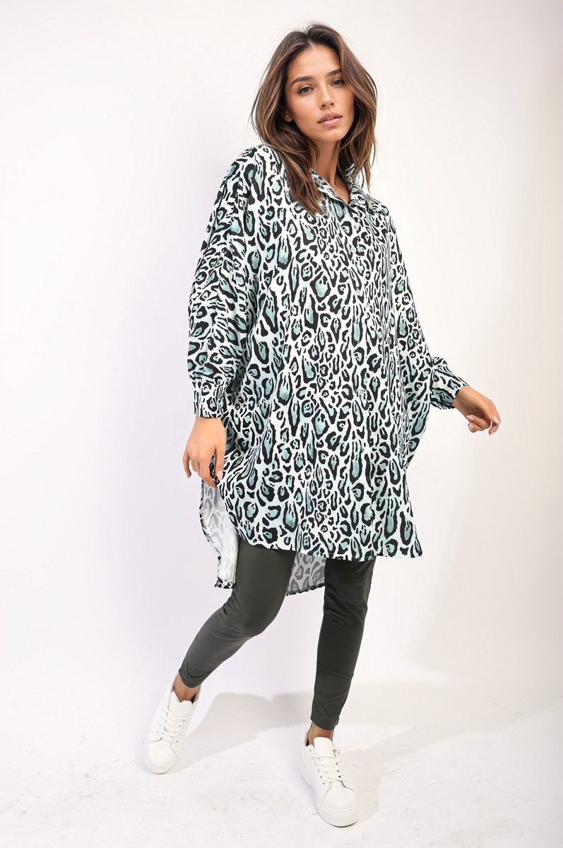 Oversized Long Sleeve Leopard Print Shirt Dress Moda