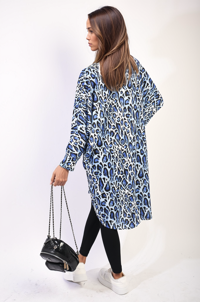 Oversized Long Sleeve Leopard Print Shirt Dress Moda