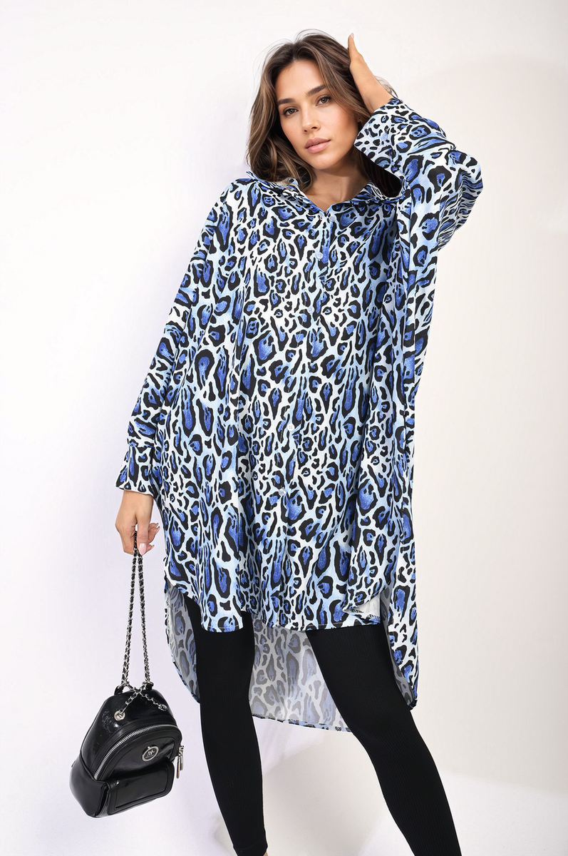 Oversized Long Sleeve Leopard Print Shirt Dress Moda