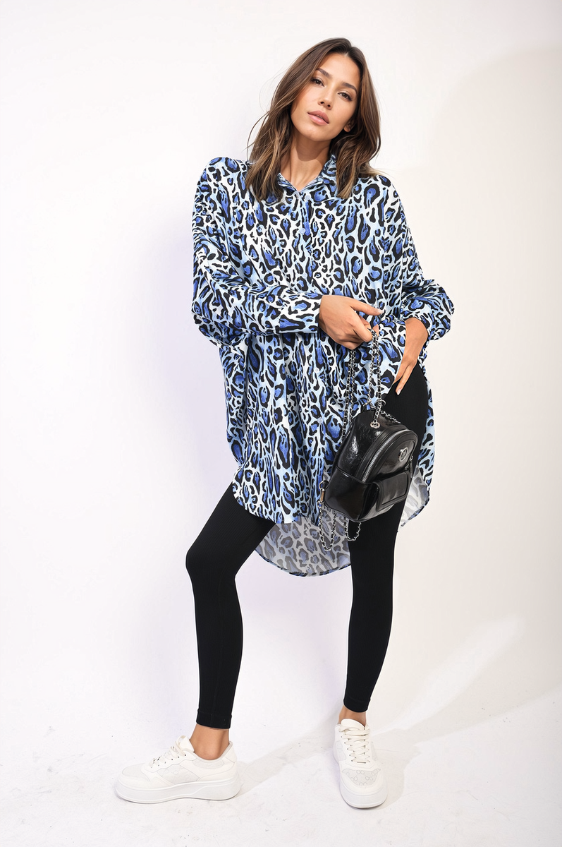 Oversized Long Sleeve Leopard Print Shirt Dress Moda