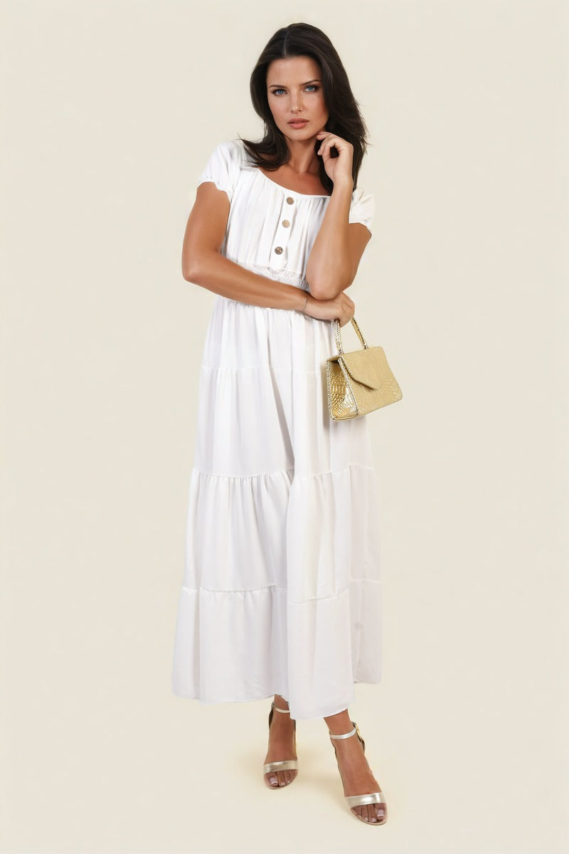 Smocked Waist Tiered Midi Dress Moda