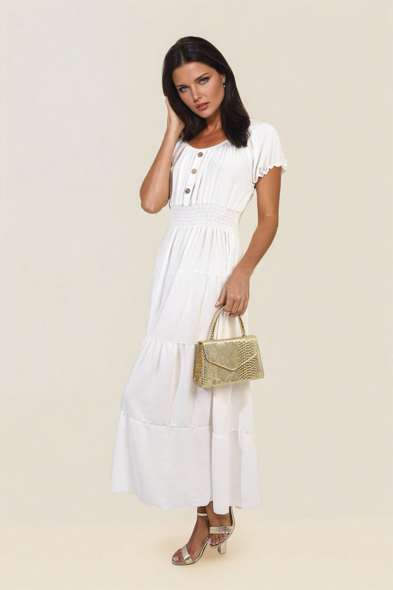 Smocked Waist Tiered Midi Dress Moda