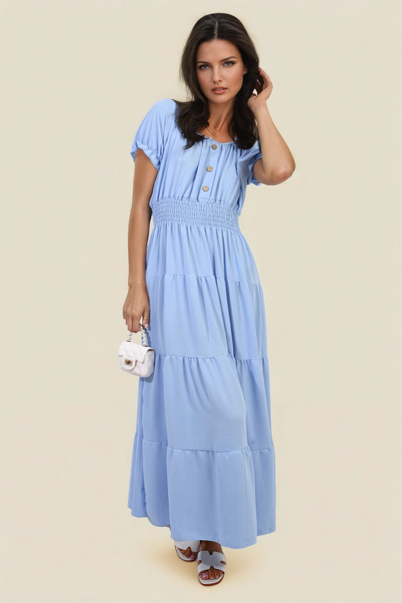 Smocked Waist Tiered Midi Dress Moda