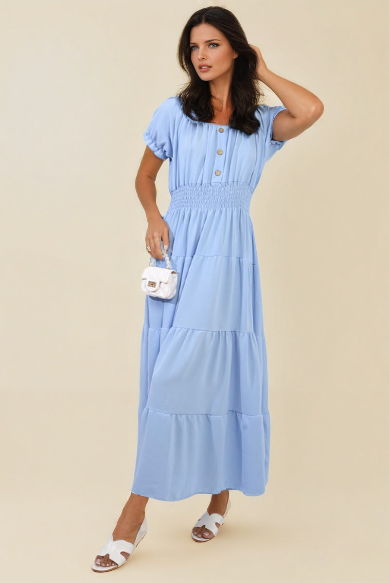 Smocked Waist Tiered Midi Dress Moda