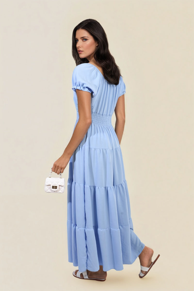 Smocked Waist Tiered Midi Dress Moda