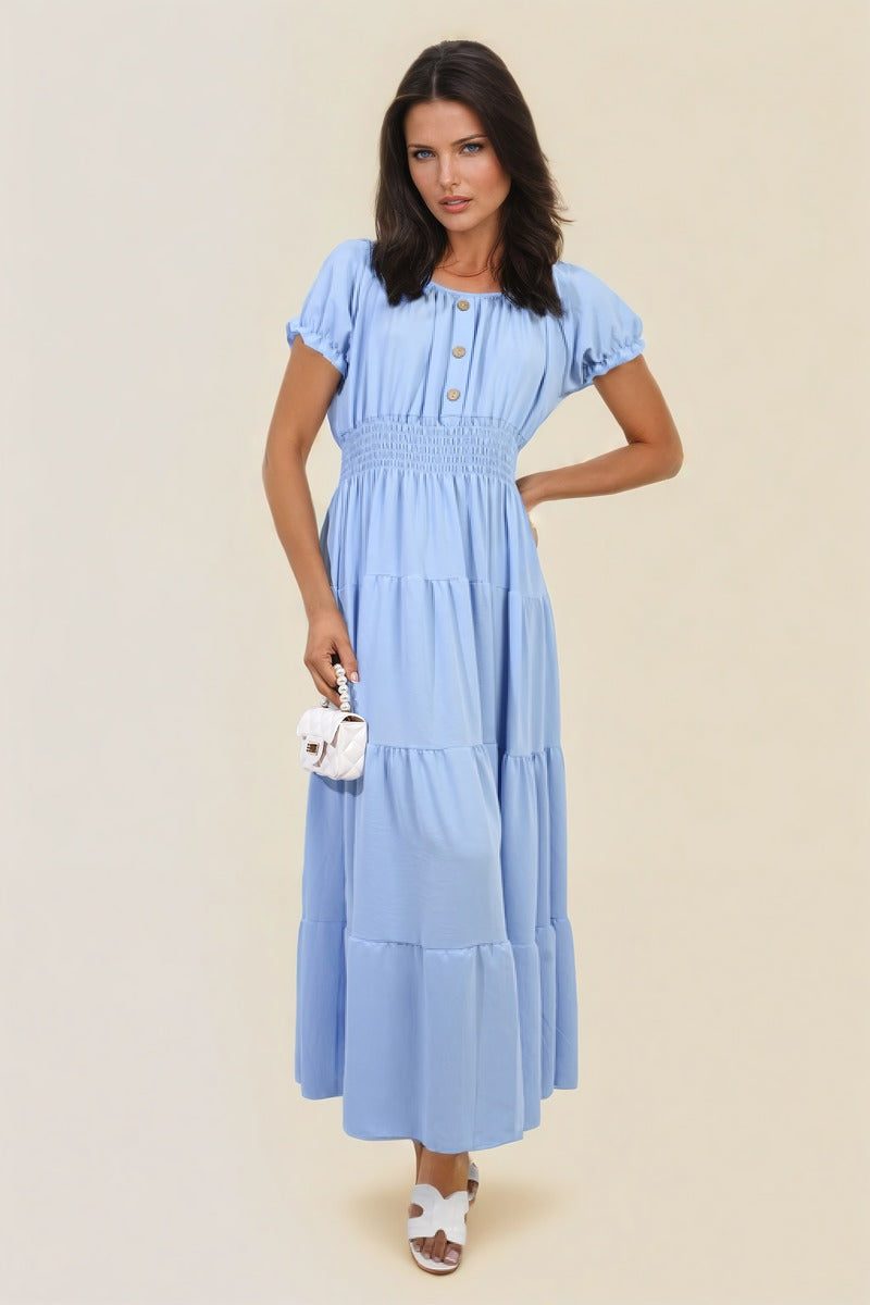 Smocked Waist Tiered Midi Dress Moda