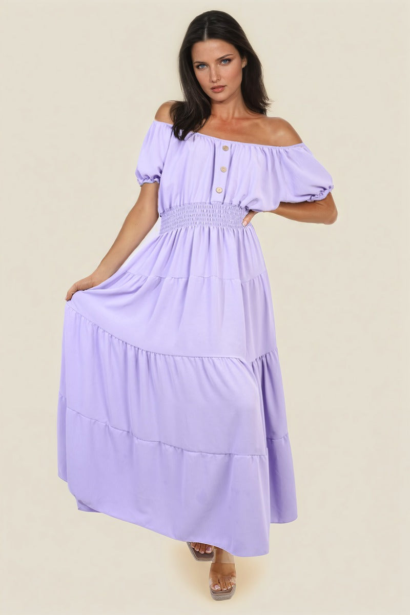 Smocked Waist Tiered Midi Dress Moda
