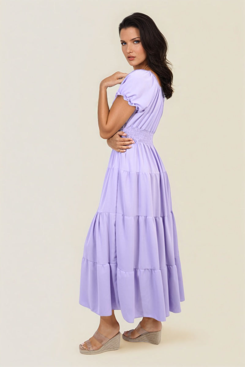 Smocked Waist Tiered Midi Dress Moda