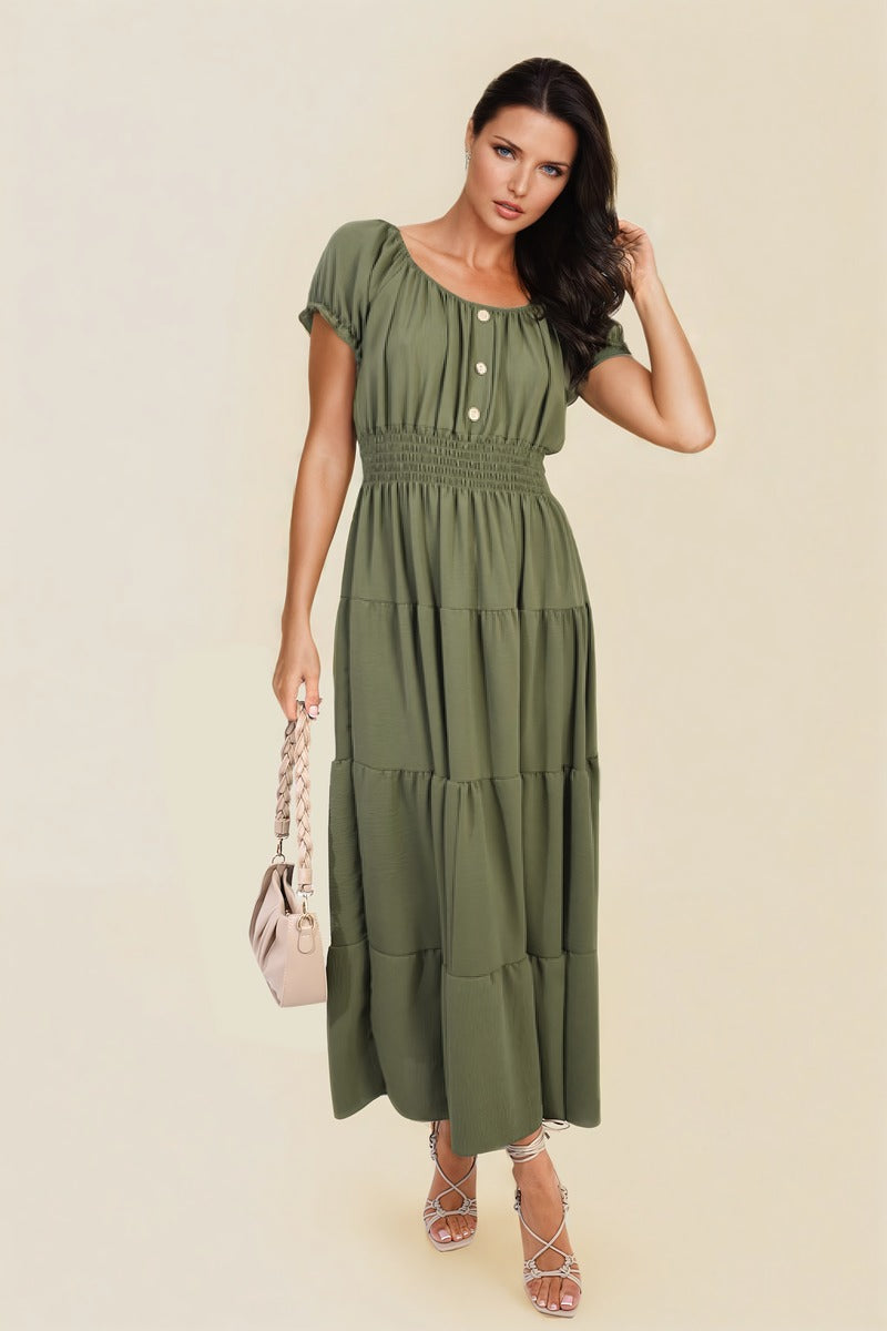 Smocked Waist Tiered Midi Dress Moda