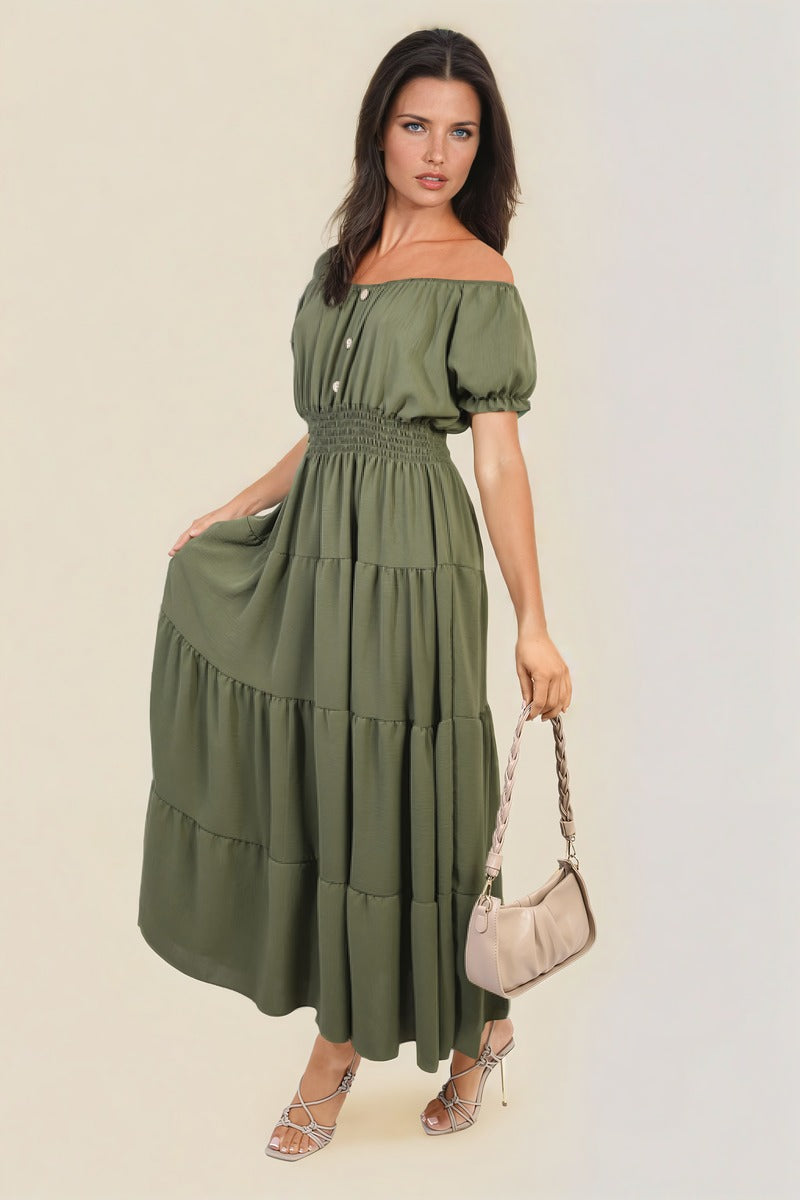 Smocked Waist Tiered Midi Dress Moda