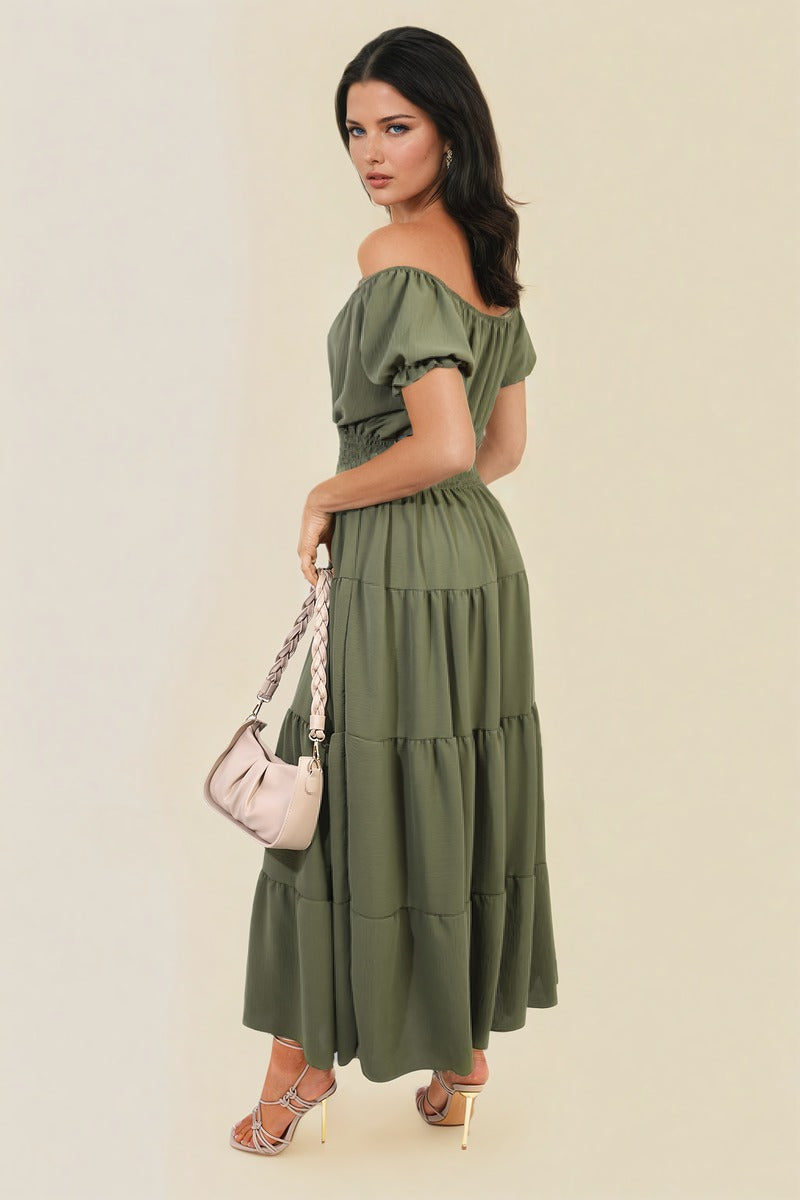 Smocked Waist Tiered Midi Dress Moda