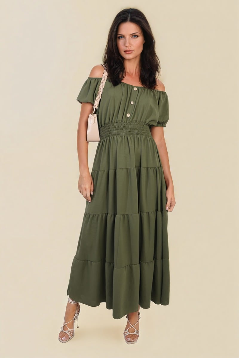 Smocked Waist Tiered Midi Dress Moda
