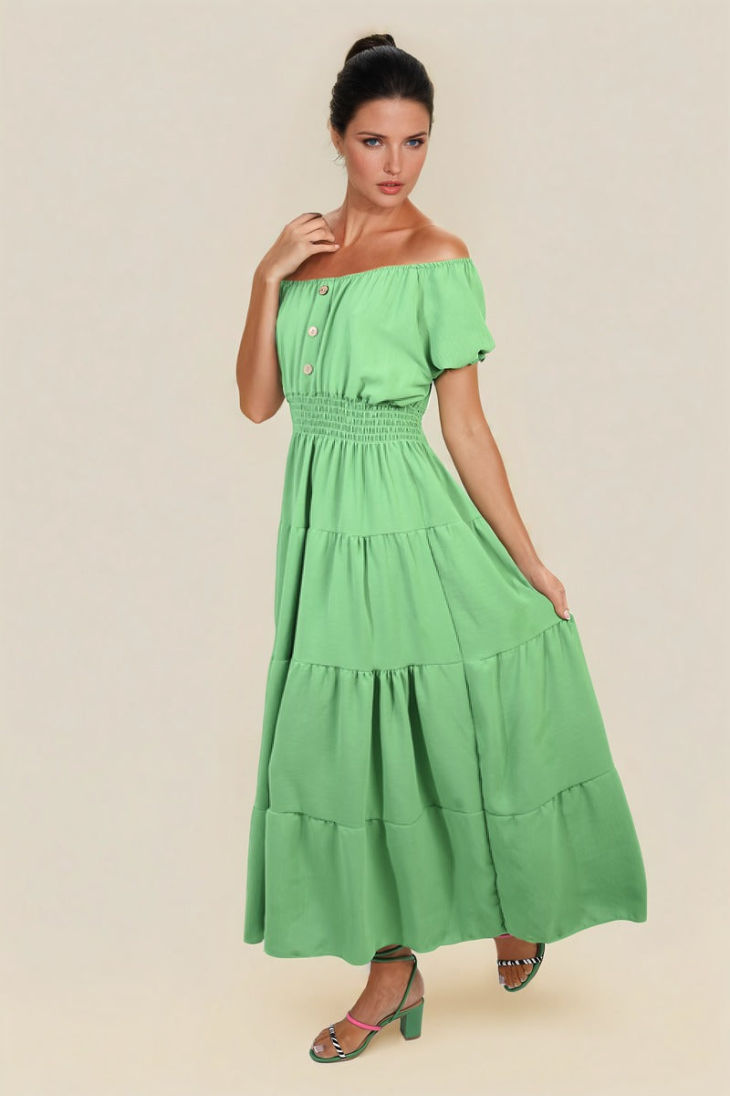 Smocked Waist Tiered Midi Dress Moda