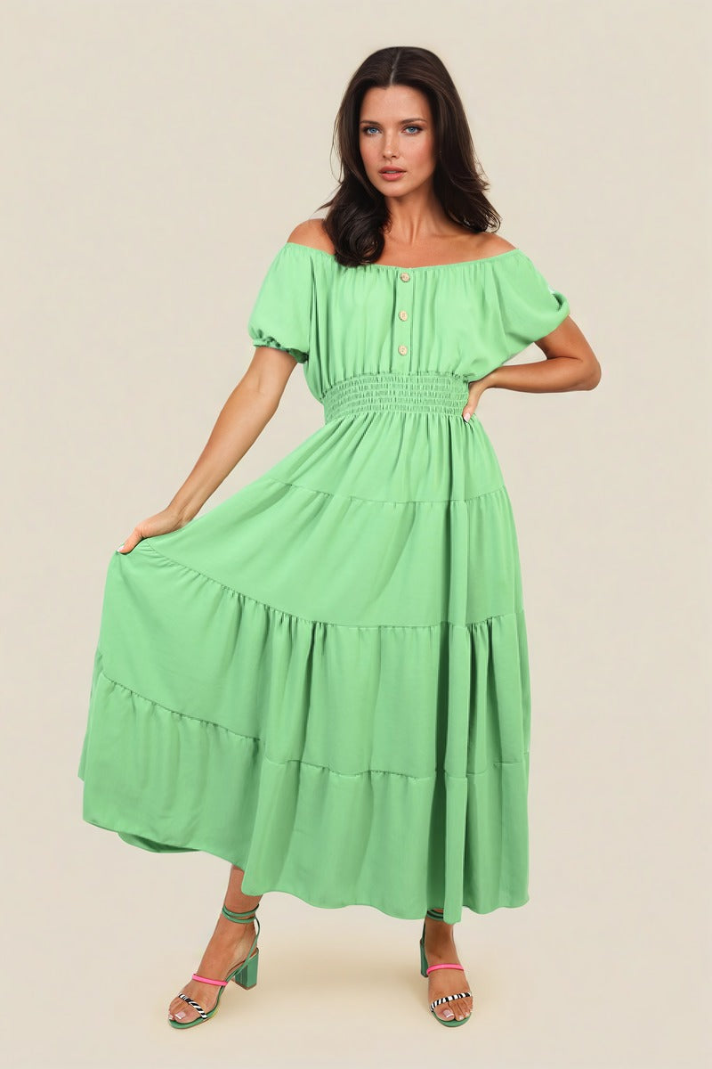 Smocked Waist Tiered Midi Dress Moda