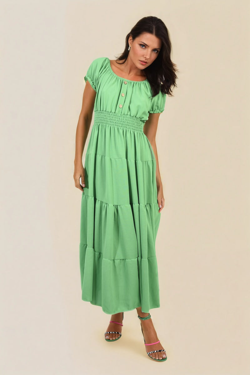 Smocked Waist Tiered Midi Dress Moda