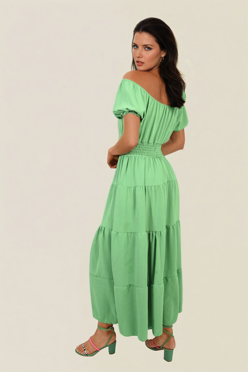 Smocked Waist Tiered Midi Dress Moda