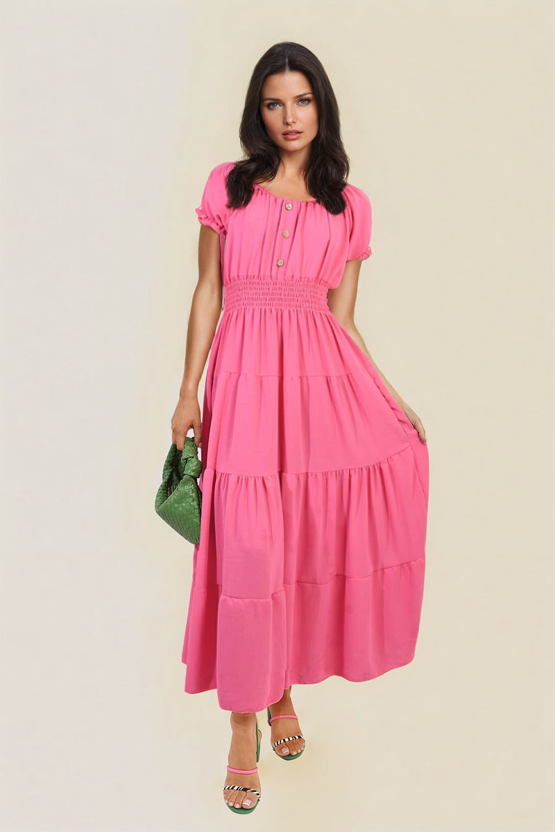 Smocked Waist Tiered Midi Dress Moda