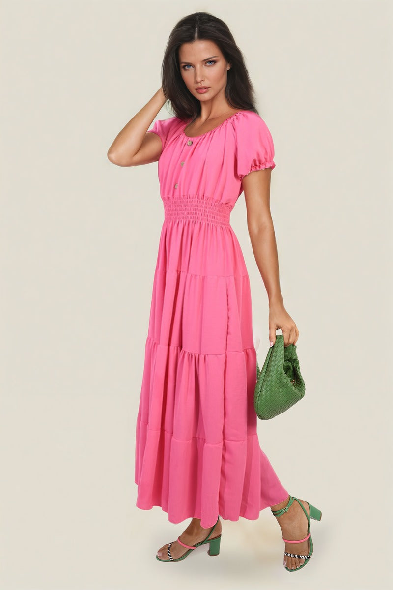 Smocked Waist Tiered Midi Dress Moda