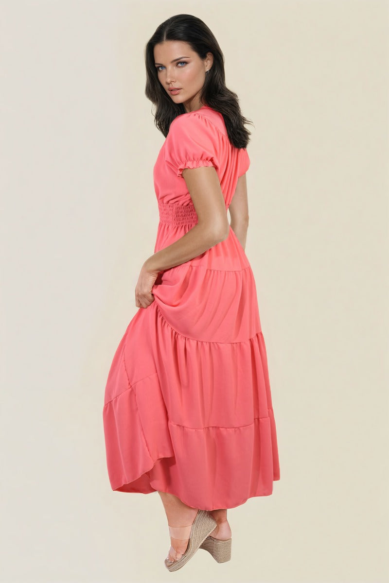 Smocked Waist Tiered Midi Dress Moda