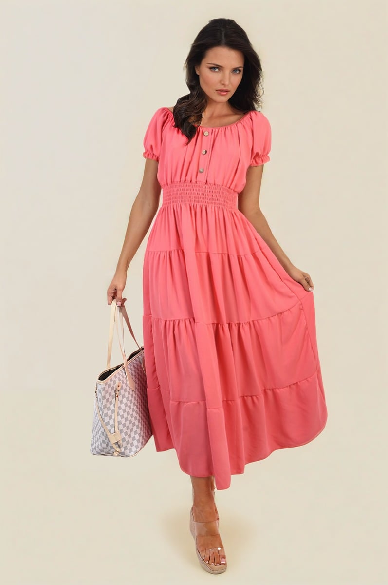 Smocked Waist Tiered Midi Dress Moda
