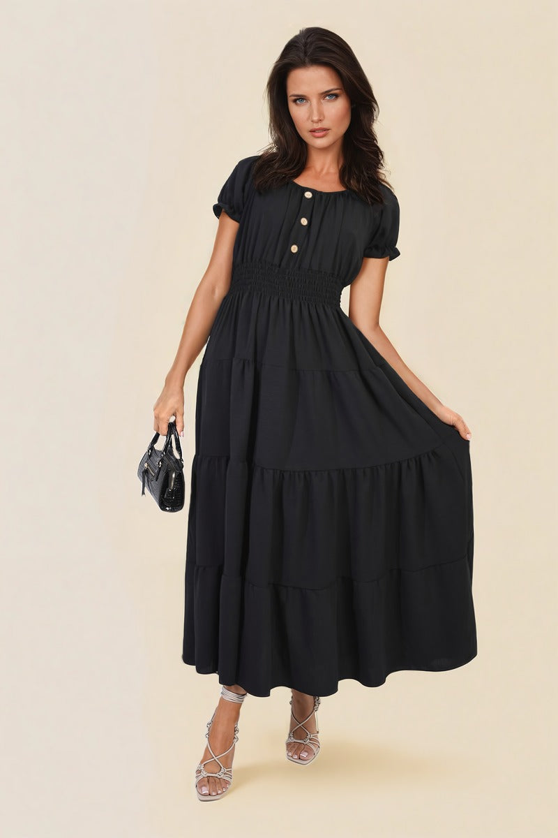 Smocked Waist Tiered Midi Dress Moda