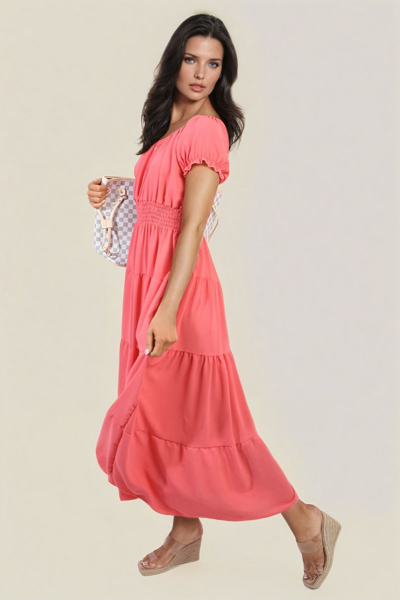 Smocked Waist Tiered Midi Dress Moda