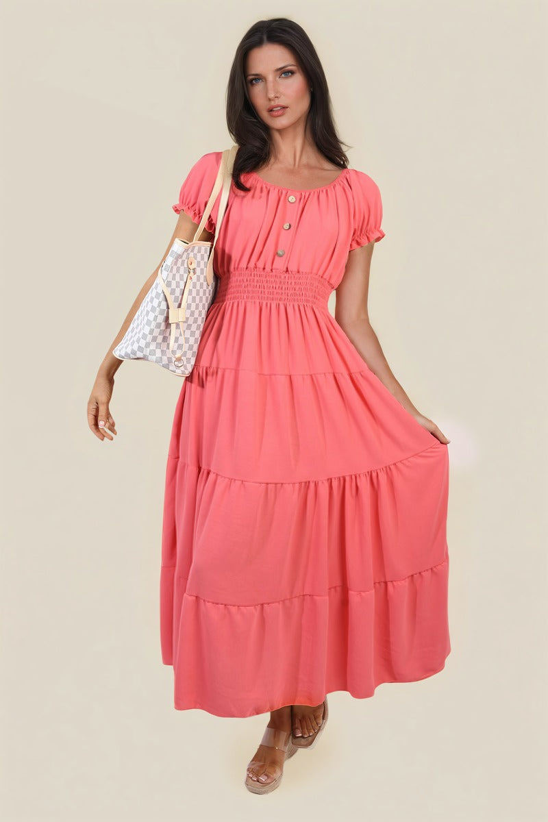 Smocked Waist Tiered Midi Dress Moda
