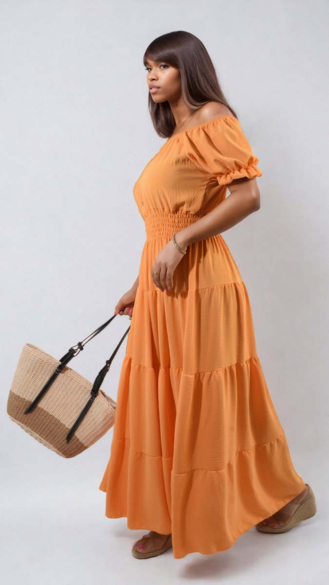 Smocked Waist Tiered Midi Dress Moda