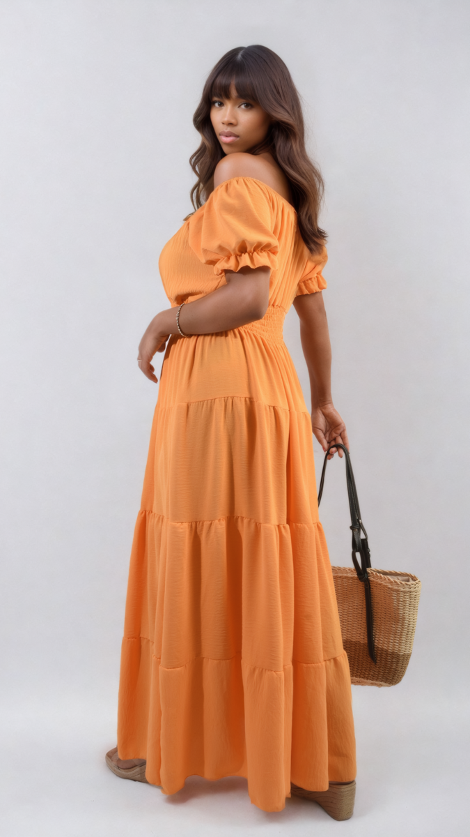 Smocked Waist Tiered Midi Dress Moda